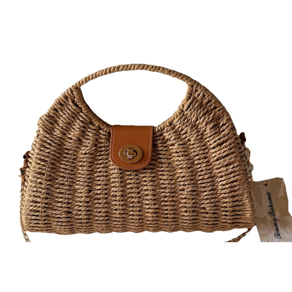 NWT Tommy Bahama Straw Woven Satchel Crossbody Bag Gold Chain Resort Beach - Picture 3 of 11
